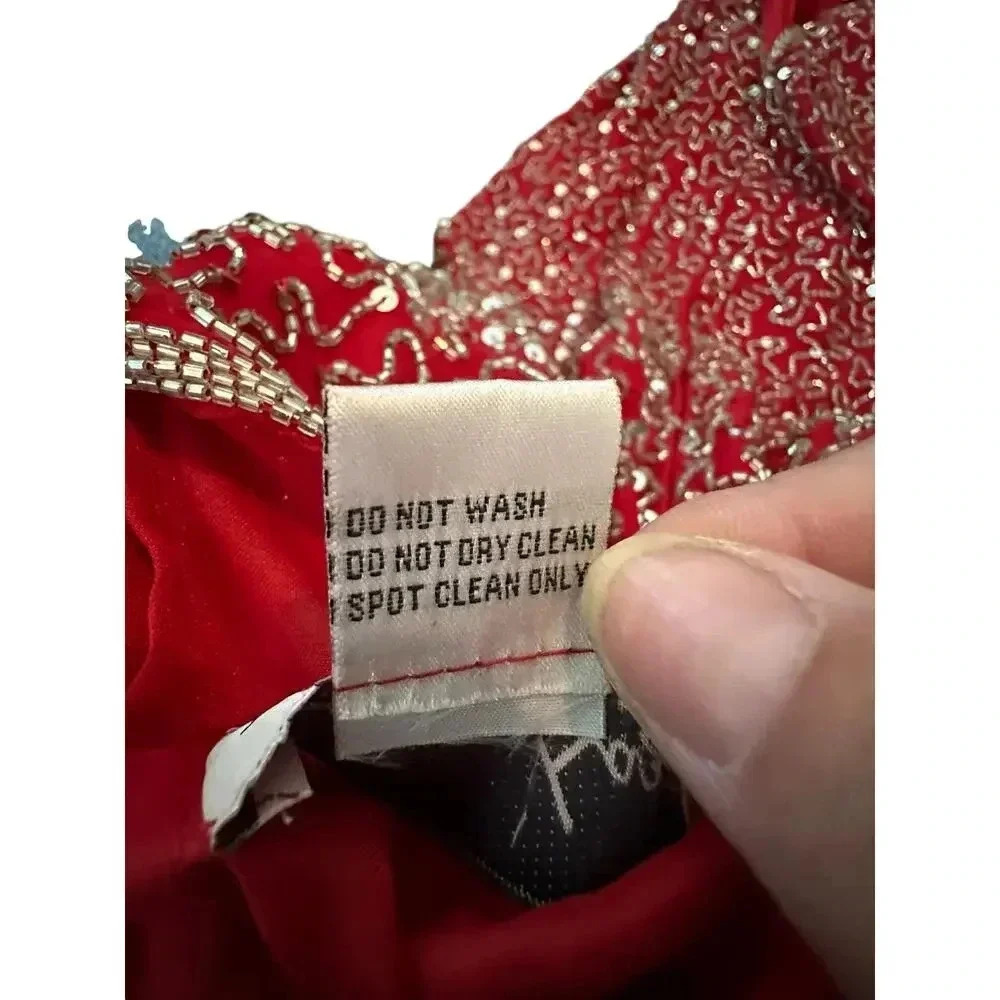 Lawrence Kazar Red 100% Silk Long Dress Size M all over sequin vintage - Picture 9 of 12